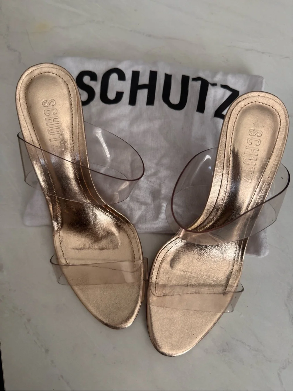 SCHUTZ Ariella Clear-Strap High Heel Sandals in Gold